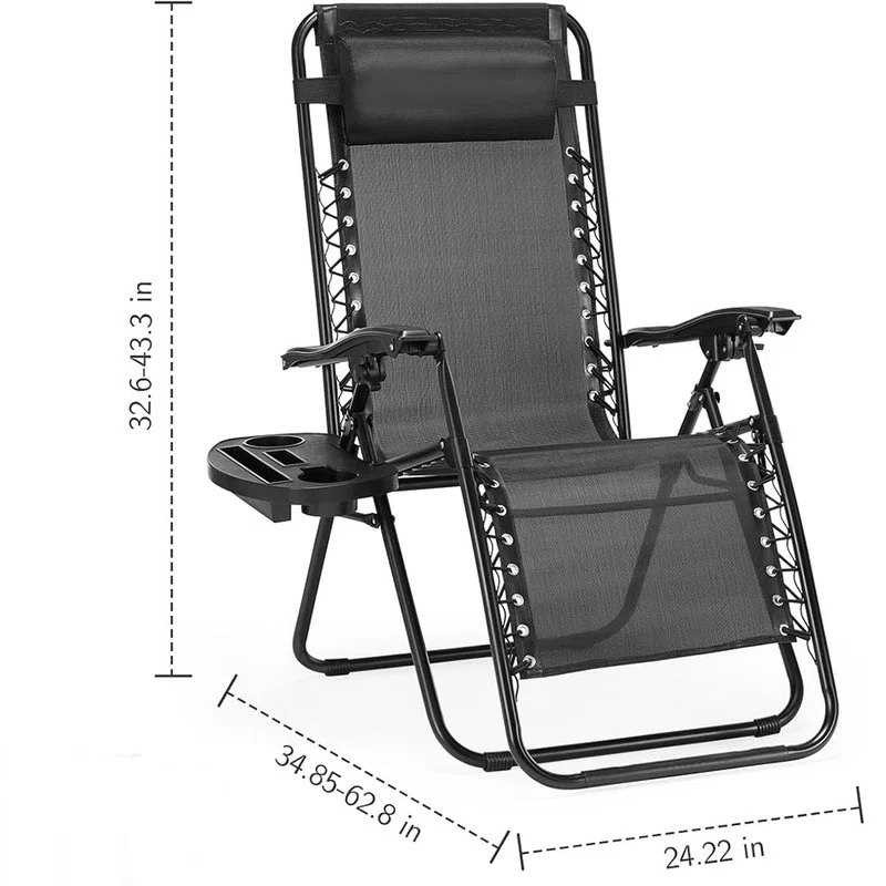 Arlmont & Co. Zero Gravity Chairs, Set of 2 Portable Recliner Folding Lounge Chair with Cup Holder Trays and Adjustable Pillow for Poolside & Lawn (Black)