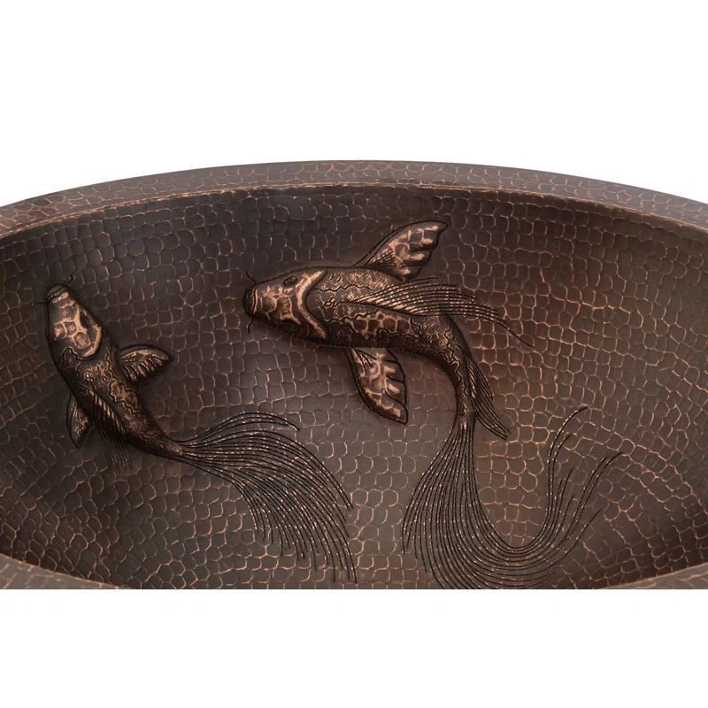 19" Oval Under Counter Hammered Copper Bathroom Sink with Koi Fish Design