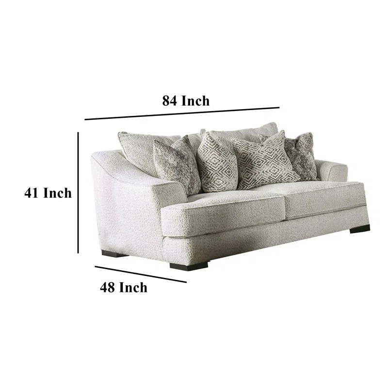 Benjara Syma Loveseat, Ivory Boucle, 4 Throw Pillows, Track Arms, 84 Inch