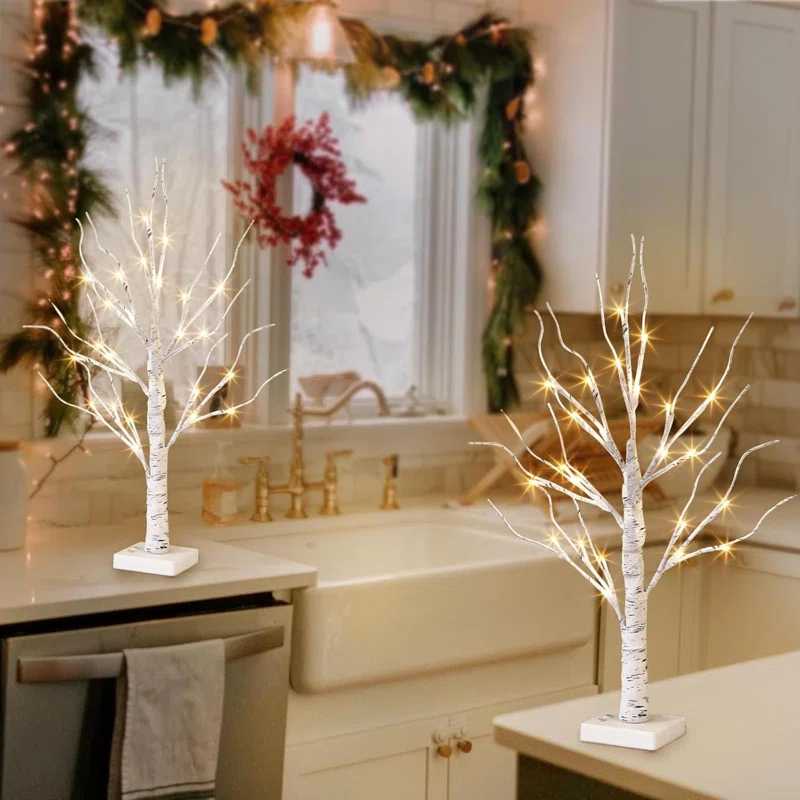 The Holiday Aisle® White Birch Tree With LED Lights - Set Of 2, LED Tabletop Tree With Timer, Christmas Decorations Lighted Tree For Indoor Mantel Home Decor (2 FT, 24 LED)