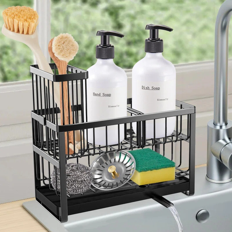 COOREL Sponge Holder For Kitchen Sink Organizer Caddy,2 Tier Dish Brush Scrubber Holder,Stainless Steel Sink Box Utensil Holder With Stand,Black