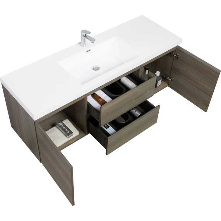 60" Floating Bathroom Vanity Modern Wall-Mounted Storage Vanity with Resin Top Basin, 2 Cabinets and 2 Soft Close Drawers