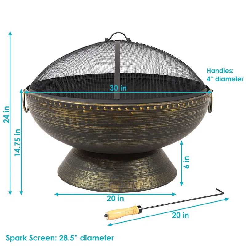 SunnyDaze Decor 30" Wood-Burning Black Finish Steel Fire Pit Bowl with Screen, Grate, and Poker