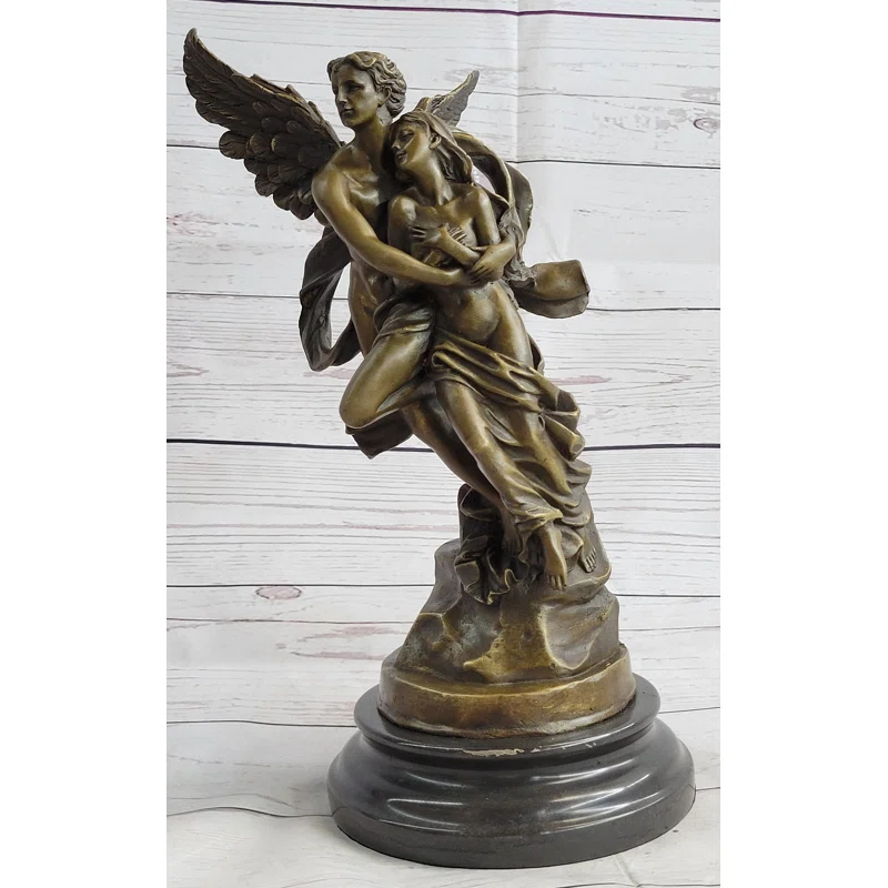 Bloomsbury Market Azal Eros  Psyche Romantic Lovers Angel Bronze Statue Sculpture Figure On Marble Base 13 Inches X 6 Inches