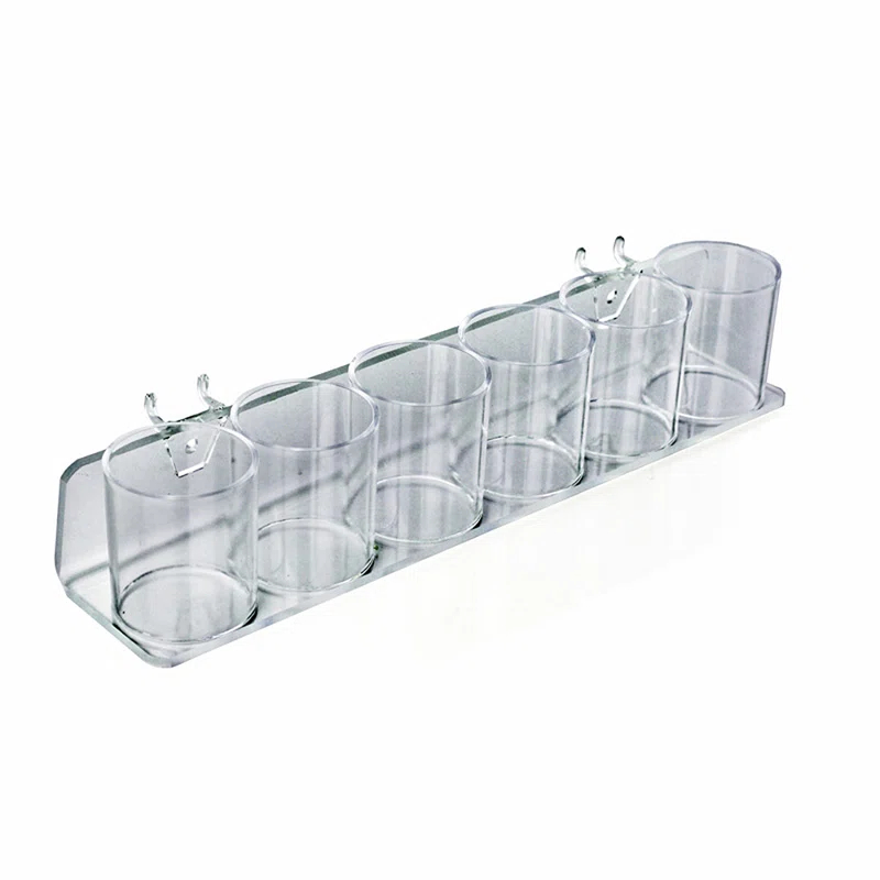Azar Displays Clear Acrylic Six in a Row Cup Holder for Pencils, Pens, or Brushes, Cosmetic Pen Cup Display Organizer, for Pegboard and Slatwall, 2-Pack (Set of 2)
