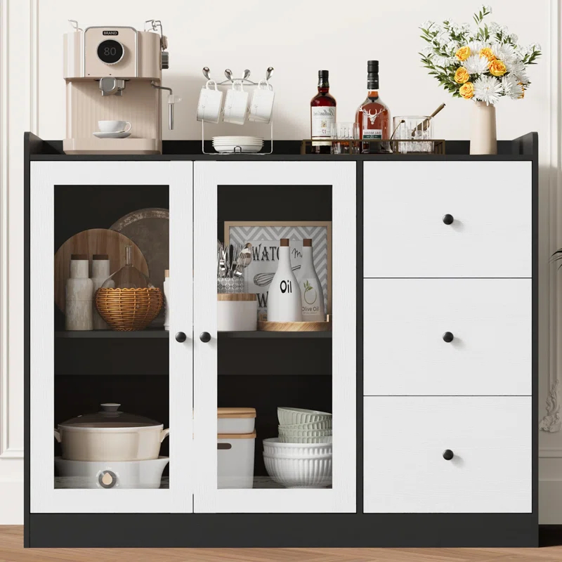 ZACOO Sideboard Buffet Cabinet With Storage, 43" Coffee Bar Cabinet With Glass Doors And 3 Drawers, Storage Cabinet With Adjustable Shelves