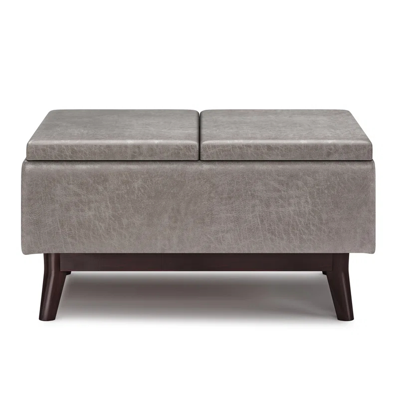 Simpli Home Owen 34"W Small Upholstered Coffee Table Storage Ottoman with Flip-Over Tray Top and Solid Wood Legs