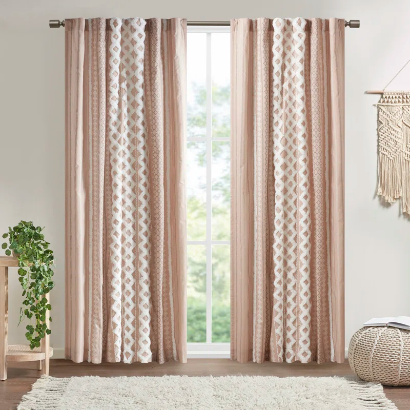 INK+IVY Imani Cotton Printed Curtain Panel with Chenille Stripe and Lining