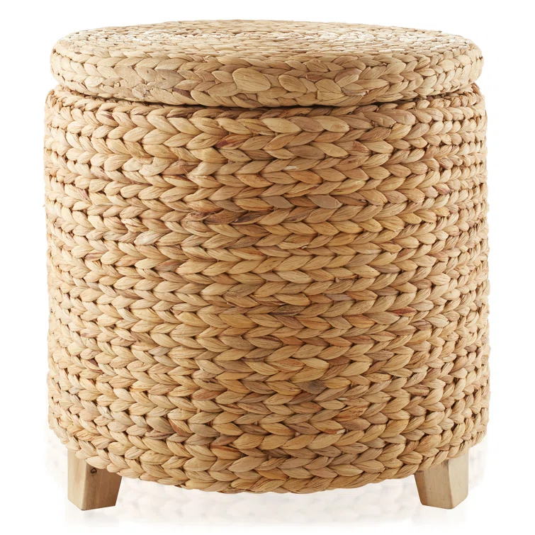 Casafield Casafield 17" Round Storage Ottoman with Lid, Water Hyacinth Footrest