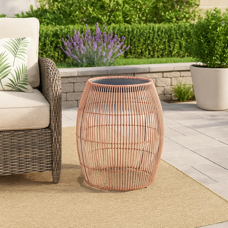 Bay Isle Home™ Bamboo Drum Side Table with Black Iron Top – Weather-Resistant Open Weave Accent Table