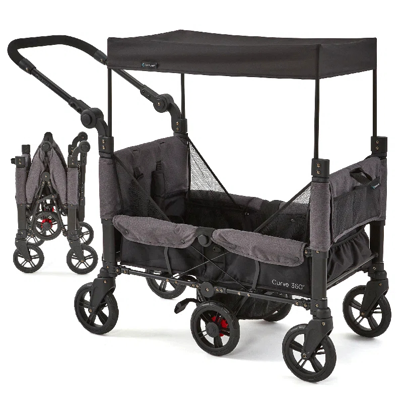 Contours Contours Curve 360 Stroller Wagon for 2 Kids, Infant Car Seat Compatibility, Zero Turn Radius, Lightweight Foldable Push-pull Collapsible Wagon Cart for Garden, Stroller, Camping, Grocery Cart