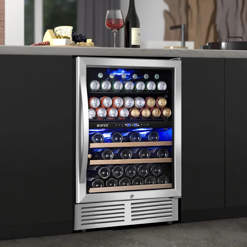 Nipus 24 Inch 94 Can and 27 Bottle Dual Zone Wine & Beverage Refrigerator Freestanding Built-in Beer and Drink Cooler with Glass Door For Kitchen, Bar or Office Classic Series