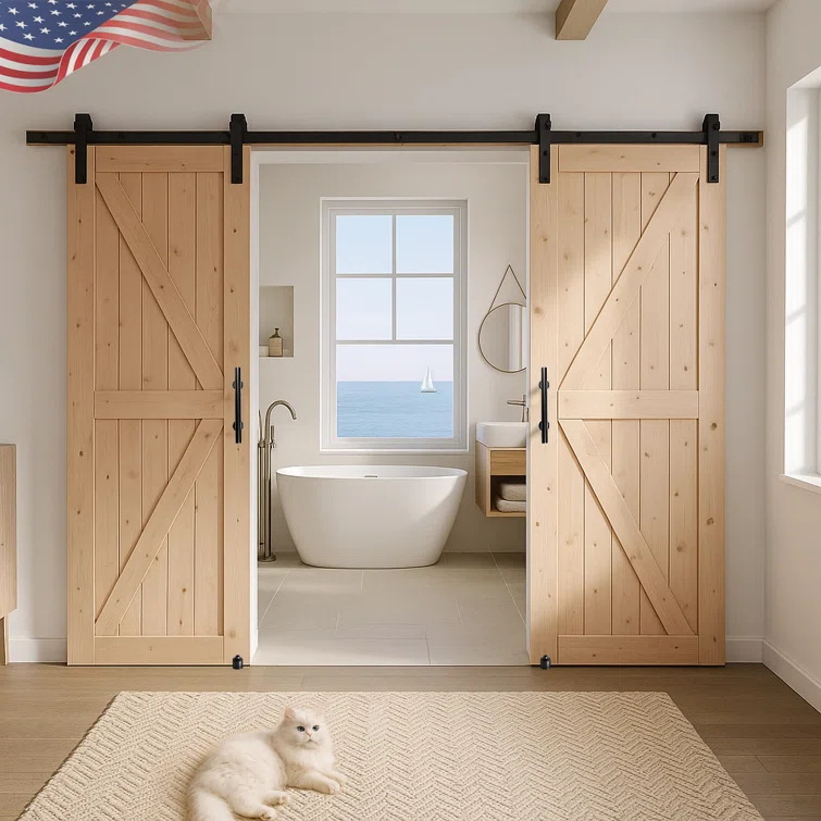 S&Z TOPHAND S&Z TOPHAND Unfinished British Brace Knotty Barn Door with Sliding Door Hardware Kit/Solid Wood/Sliding Door/Double Surfaces/A Simple Assembly is Required