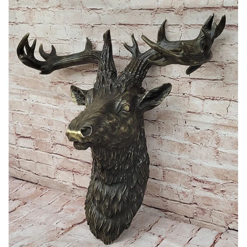 Loon Peak® Kaelib Hanging Wall Art Mounted Elk Deer Bust Head Stag Antlers Buck Bronze Sculpture