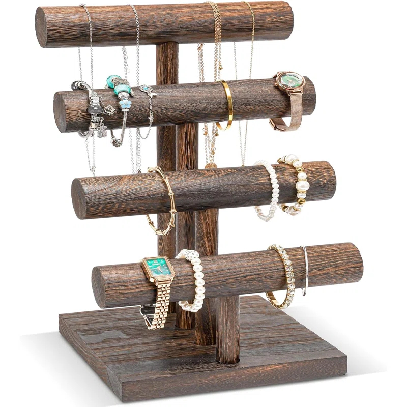 Gracie Oaks Bracelet Holder Display Bracelet Organizer, Wooden Bracelet Stand For Selling, T-Bar Bangle Storage Rack Wood Watch Display Tower For Business - 4 Tier, Brown | Wayfair