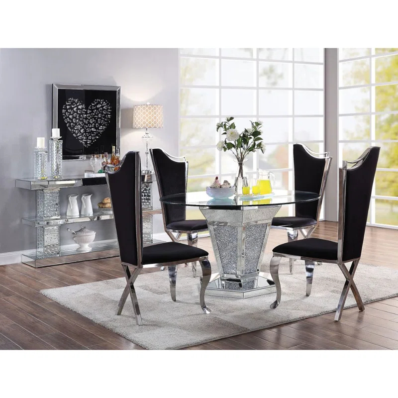 Everly Quinn Choi Round Glass Top Metal Base Dining Table