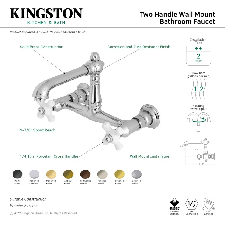 Kingston Brass Kingston Brass English Country Two-Handle 2-Hole Wall Mount Bathroom Faucet KS7247PX