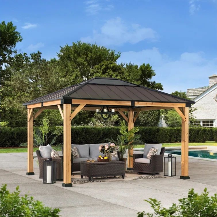 Sunjoy Sunjoy Hardtop Gazebo 11 x 13 ft. Upgrade Cedar Framed Wood Gazebos with Brown Steel and Polycarbonate Hip Roof Hardtop for Garden, Backyard Shade,