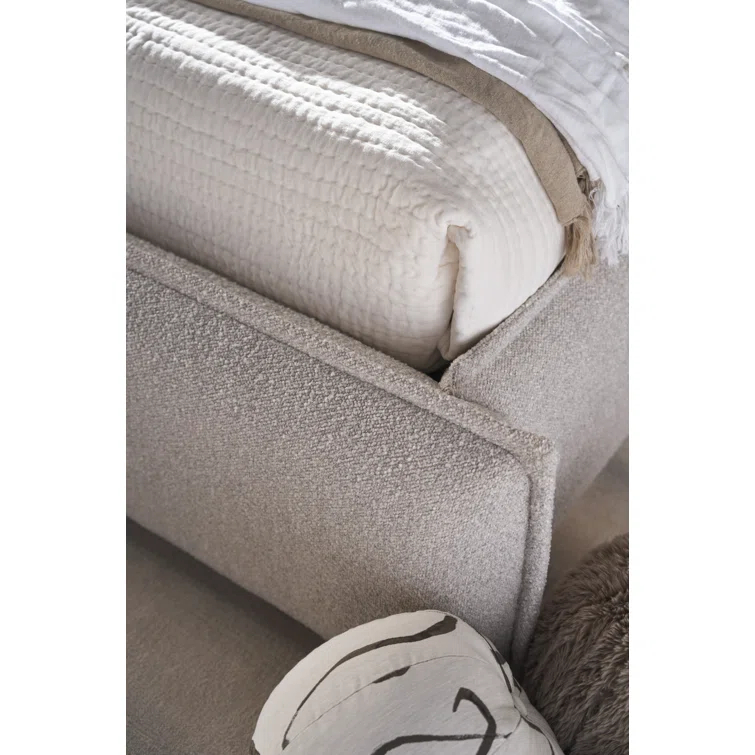 King Cream Upholstered Platform Bed with Tufted Headboard
