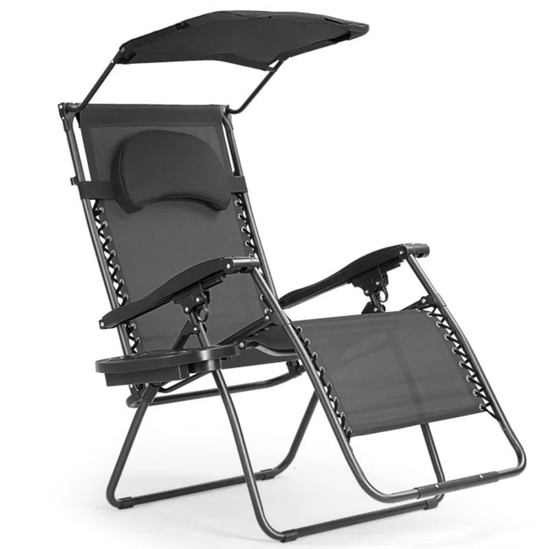 Arlmont & Co. Outdoor Folding Recliner Lounge Chair with Shade Canopy And Cup Holder