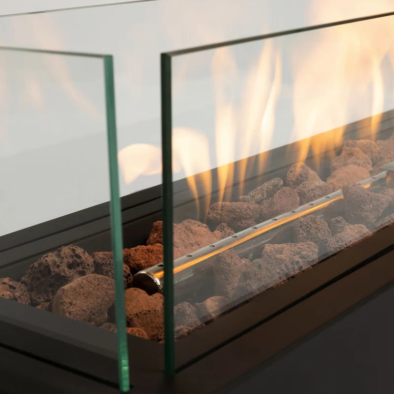 Tabletop Fire Pit with Quick Connect Joint, Glass Wind Guard and Lava Rock