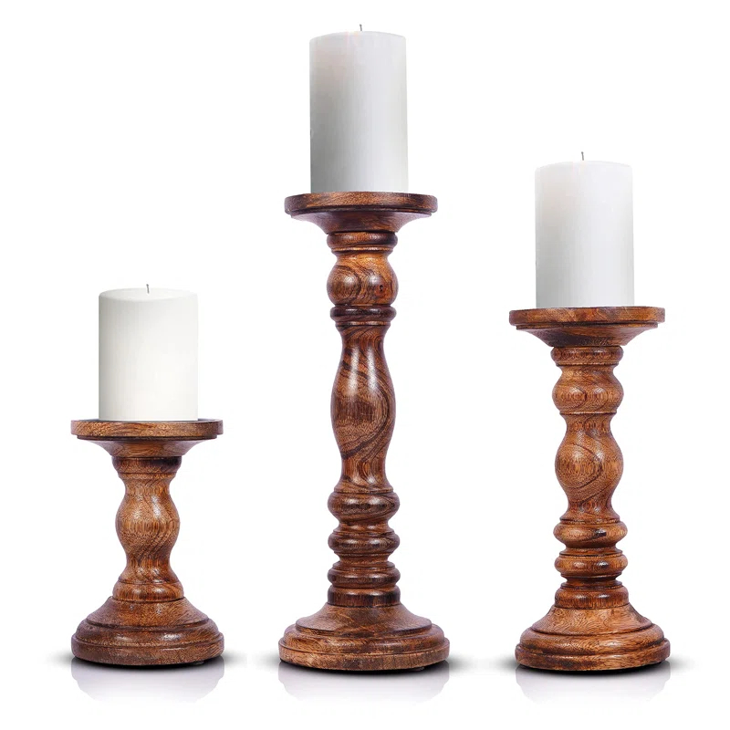 12'' Handcrafted Mango Wood Pillar Candle Holder Set – Rustic 3-Piece Set for LED Candles