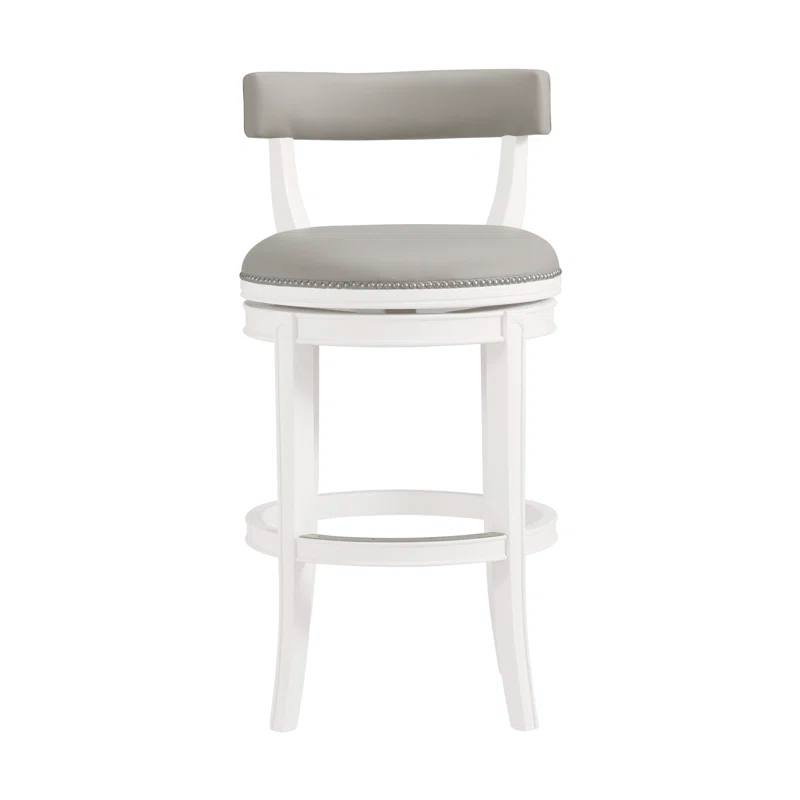 Alaterre Hanover Swivel Counter Height Bar Stool, 26-Inch Seat Height, White and Gray, Solid Rubberwood Frame with Faux Leather Upholstery, Nailhead Trim, Memory Return Swivel Mechanismv