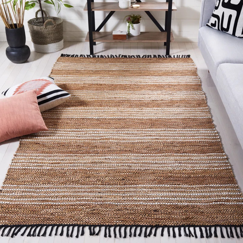 Sand & Stable™ Preston Striped Hand-Woven Cotton/Leather/Jute Brown/Beige Area Rug