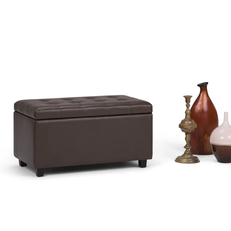 Simpli Home Cosmopolitan 34"W Upholstered Storage Ottoman with Tufted Design and Large Interior Storage