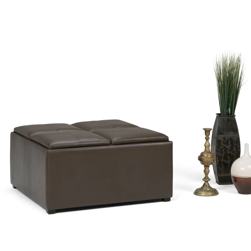 Simpli Home Avalon 35"W Upholstered Square Coffee Table Storage Ottoman with Flip-Over Trays