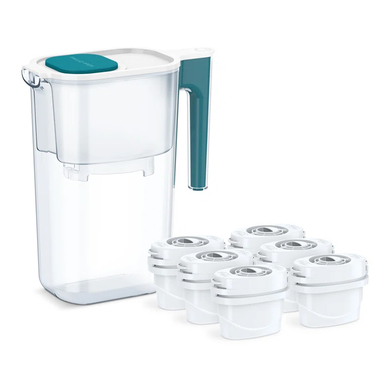 Aqua Optima Perfect Pour 6 Cup Water Filter Pitcher By Aqua Optima, Ergonomic, Eliminates Splashes And Spills, Bpa Free, Wqa Certified, Includes 6 Evolve+ Water Filters, Blue