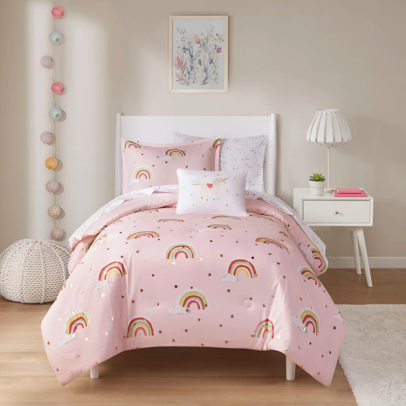 Intelligent Design Kids Alicia Rainbow and Metallic Stars Comforter Set with Bed Sheets