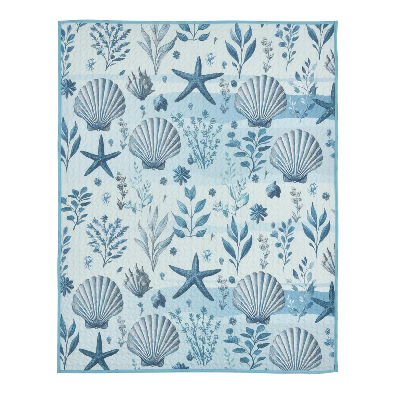 De Leon Collections Ocean Serenity Sea Starfish Seashell Blue & White Nautical 60” x 50” Decorative Quilt Throw Blanket