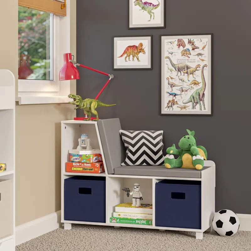RiverRidge Home RiverRidge Kids Reading Book Nook Cushioned Toy Storage Bench with Cubby Organizers and 2 Fabric Bins- White