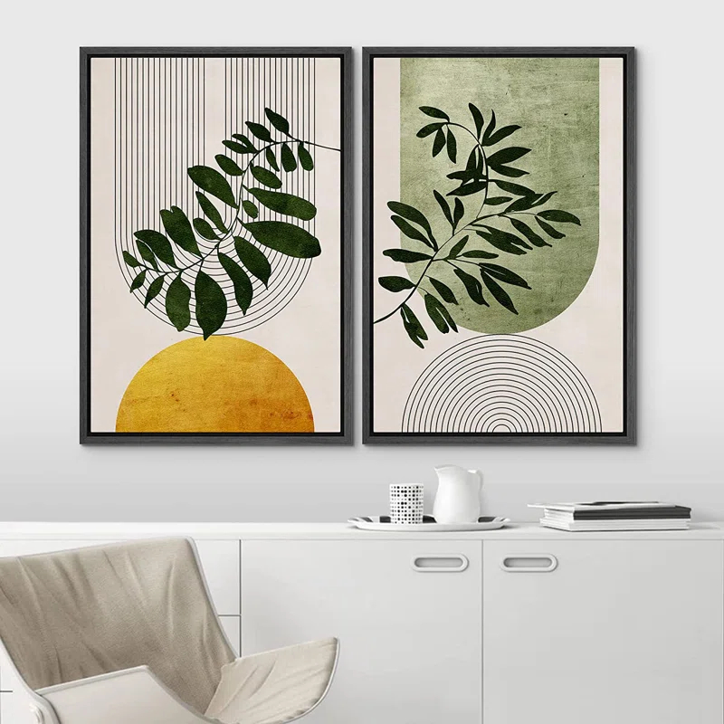 IDEA4WALL Mid Century Modern Boho Green Yellow Bright Plant Art Framed Canvas 2 Pieces Print  Wall Art Set