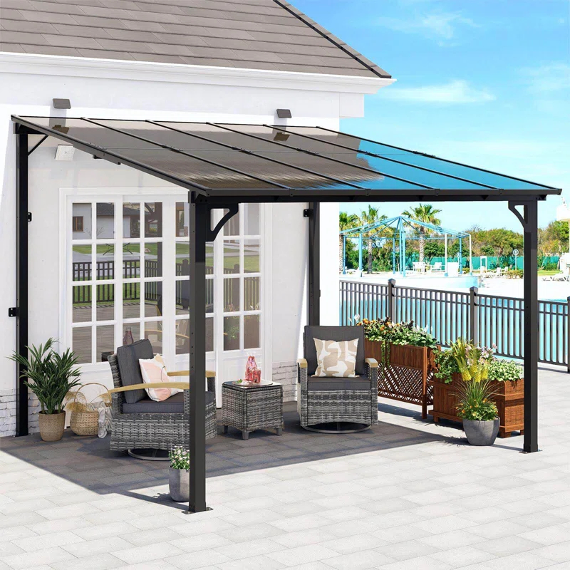 MEISSALIVVE 10' X 12' Gazebo, Wall Mounted Gazebo, Lean To Metal Awnings Gazebos, Gazebo Pergola With Sloped Roof, Outdoor Patio Gazebo Awning For Backyard, Deck
