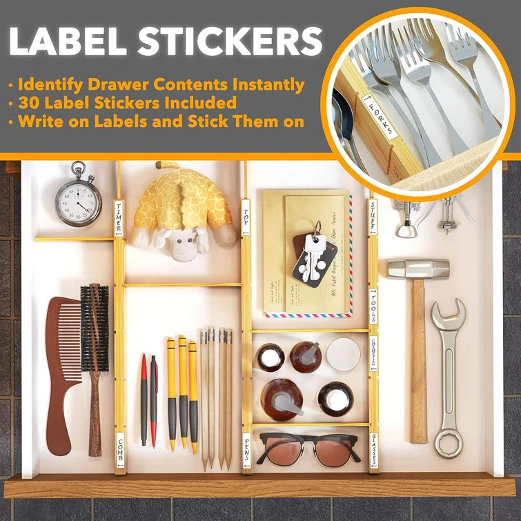 Set of 6 Bamboo Expandable Drawer Dividers with Labels,with 12 Inserts (13.25-17in)
