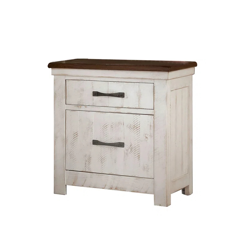 Bloomsbury Market 3 Drawers Nightstand with USB Chargers, Distressed White and Walnut