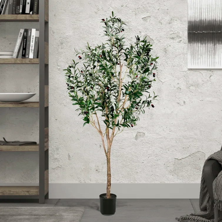 Vickerman Artificial Green Olive Tree in Black Planters Pot.