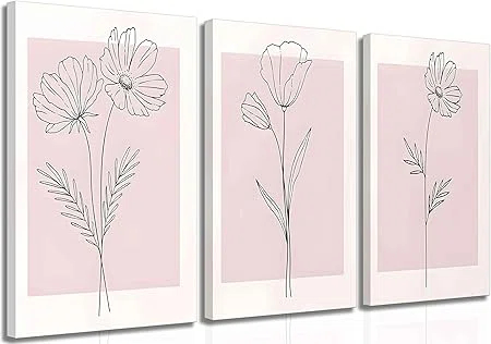 Lark Manor™ 3 Pieces Minimalism Botanical Canvas Wall Art Pink Flowers Line Plants Pictures Wall Decor Posters Print Artwork For Girls' Room Living Room Bedroom Bathroom Office Home Decoration