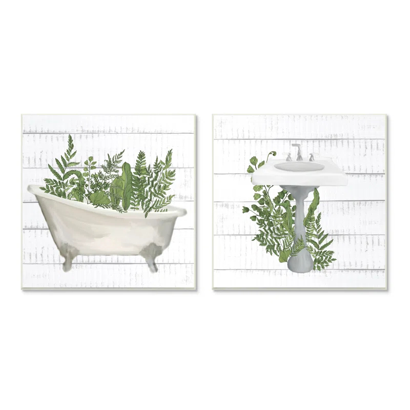 Stupell Industries " Rustic Botanical Herbs Bathroom Sink Bathtub Ferns " by Kim Allen 2 - Pieces