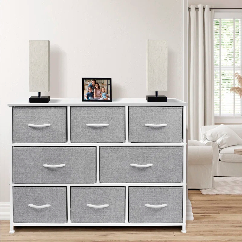 Sorbus Sorbus 8 Drawers Wide Dresser with Steel Frame, Wood Top, and Fabric Bins in White