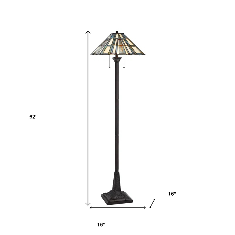 HomeRoots 62" Bronze Two Light Traditional Shaped Floor Lamp With Gray and Ivory Abstract Tiffany Glass Empire Shade