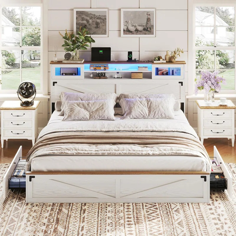 Ivy Bronx Farmhouse Bed Frame King Size With Bookcase Headboard And 2 Drawers, Wooden Platform King Bed With Led Lights And Charging Station, Rustic Accent Headboard With Sliding Door, White