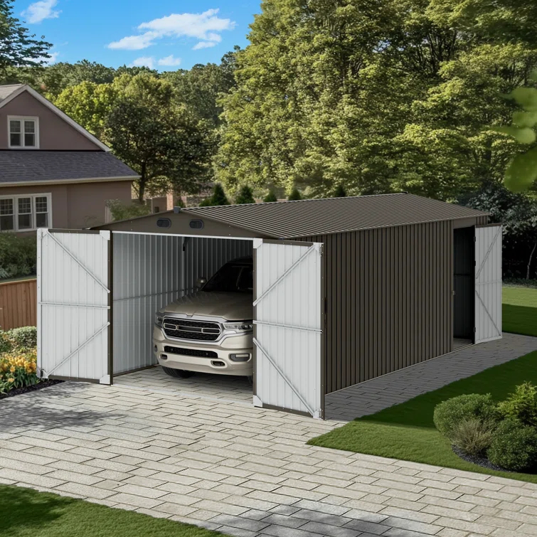 Sunjoy Sunjoy Outdoor Storage Shed 10 x 20 ft. Carport, Patio Metal Utility Large Storage Shed Garage with 2 Doors and 4 Vents, for Car, Truck, Bike, Garbage Can, Tool, Lawnmower