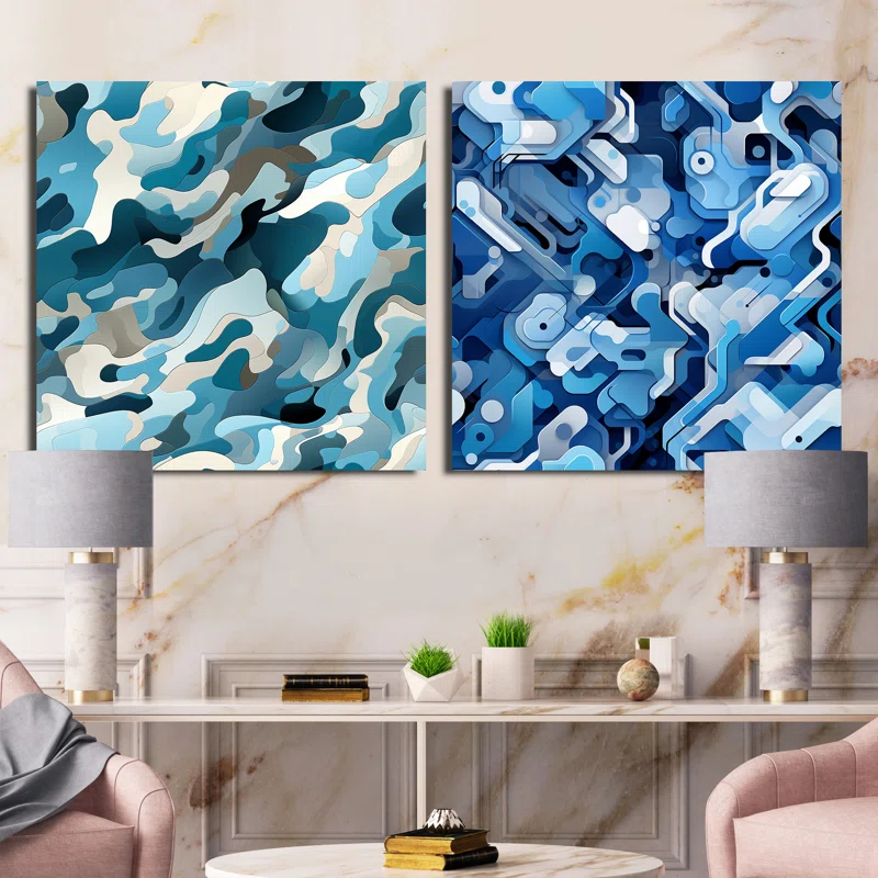 Design Art Blue Futuristic Stealth - Abstract Square Collage Set Of 2 | Wayfair