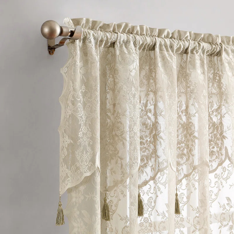 Rosdorf Park Rosdorf Park Pair Of 2 Sheer Lace Curtain Panels with Attached Matching Valance With 6 Tassels. (Set of 2)