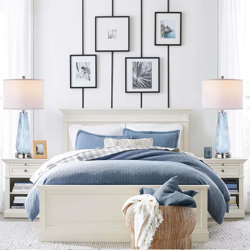 Brayden Studio® Modern Table Lamp Set Of 2 Touch Control, 27" Tall Faded Swirl Blue Gray Art Glass Bedside Lamp With USB Ports, 3-Way Dimmable Hand Crafted Nightstand Lamps White Drum Shade For Living Room, Bedroom