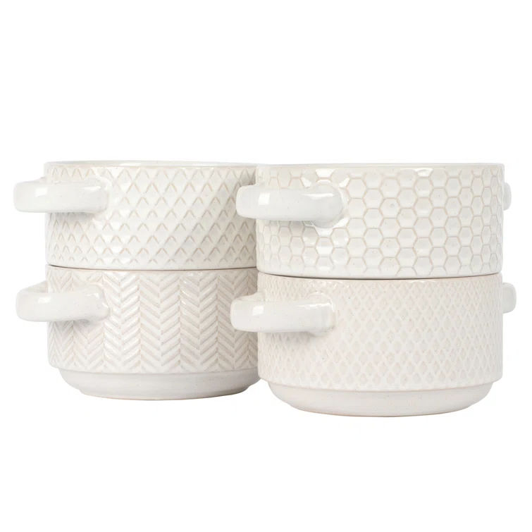 Gibson Elite Gibson Elite Oyster Tide Embossed 6 Inch Soup Bowls with Handles. French Onion Soup Crocks, Stackable Soup Bowl, Chili, Beef Stew Reactive Glaze  Stackable Ceramic Bowl, Set of 4, White
