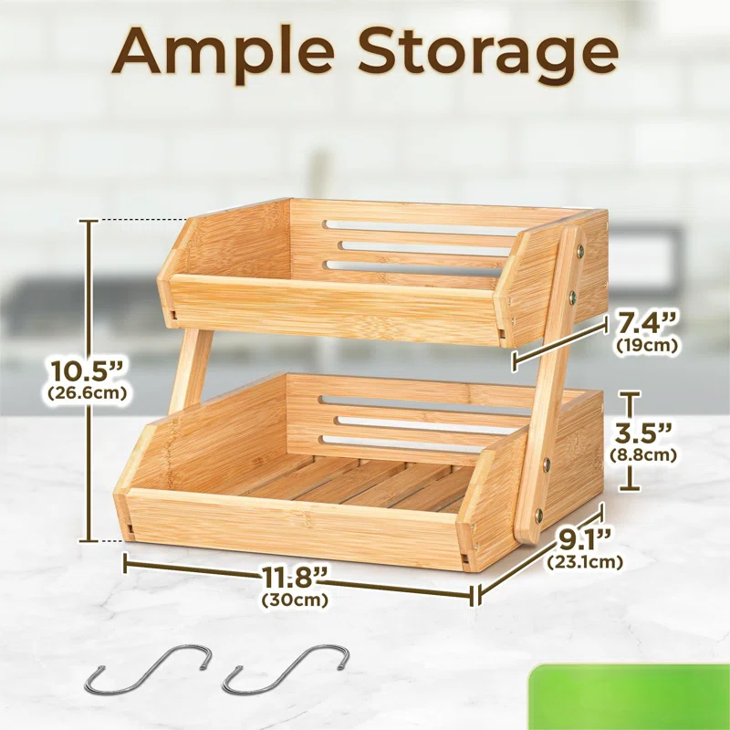 Foundry Select Fruit Basket W/Banana Hanger, 2-Tier Bamboo Fruit & Vegetable Storage Organizer For Kitchen Counter, Lightweight & Easy Assembly Countertop Fruit Stand Holder Bowl